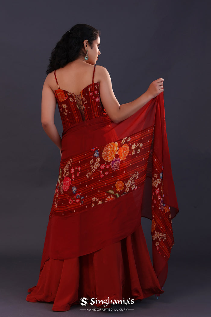 <img> Ruby Red Satin Crepe Floral Printed Lehenga Set