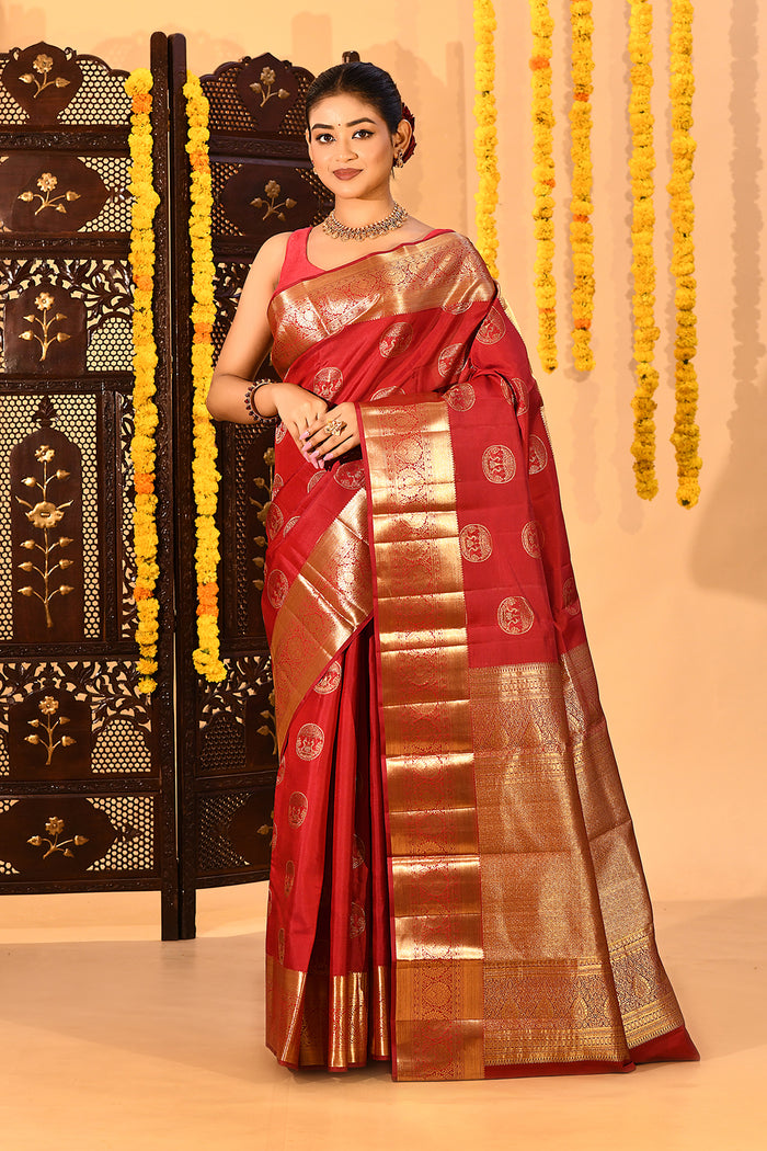 Ruby Royale Gold Zari Butta Kanjivaram Silk Saree