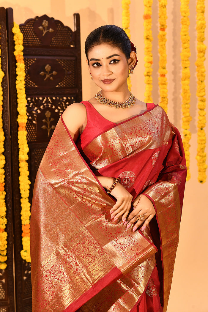 Ruby Royale Gold Zari Butta Kanjivaram Silk Saree