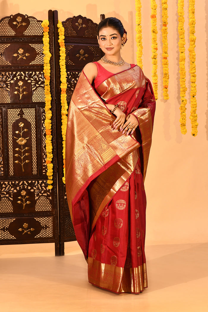Ruby Royale Gold Zari Butta Kanjivaram Silk Saree