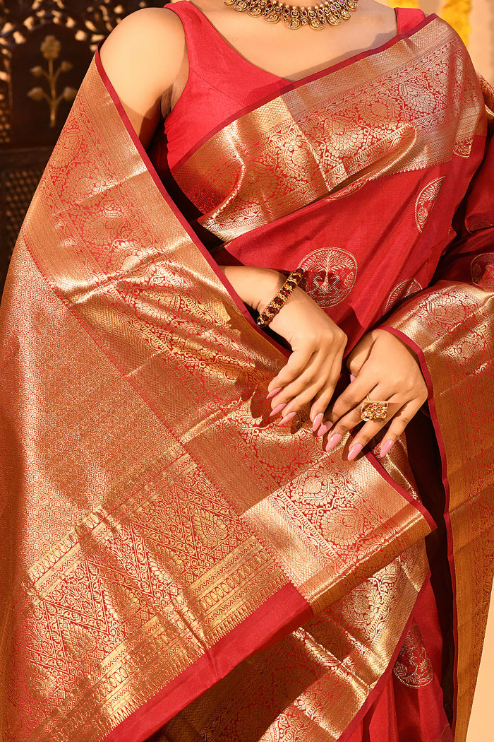Ruby Royale Gold Zari Butta Kanjivaram Silk Saree