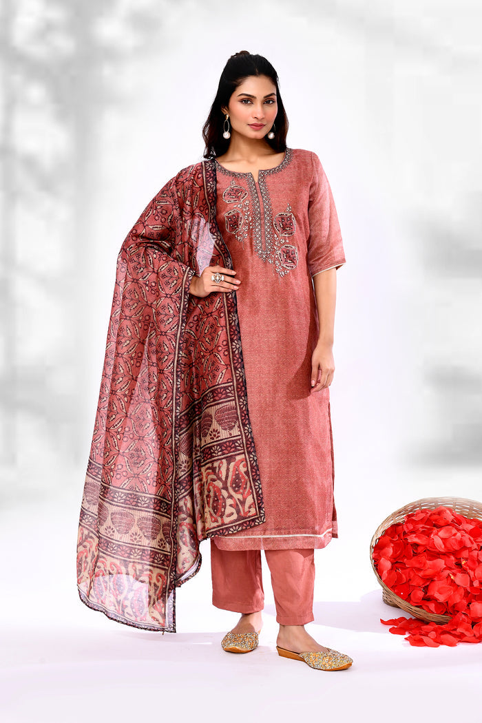 Rust Brown Chiffon Floral Printed Kurta Set