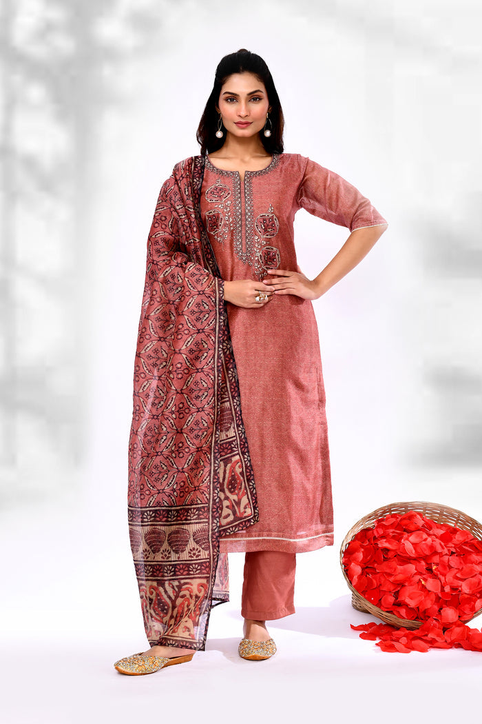 Rust Brown Chiffon Floral Printed Kurta Set
