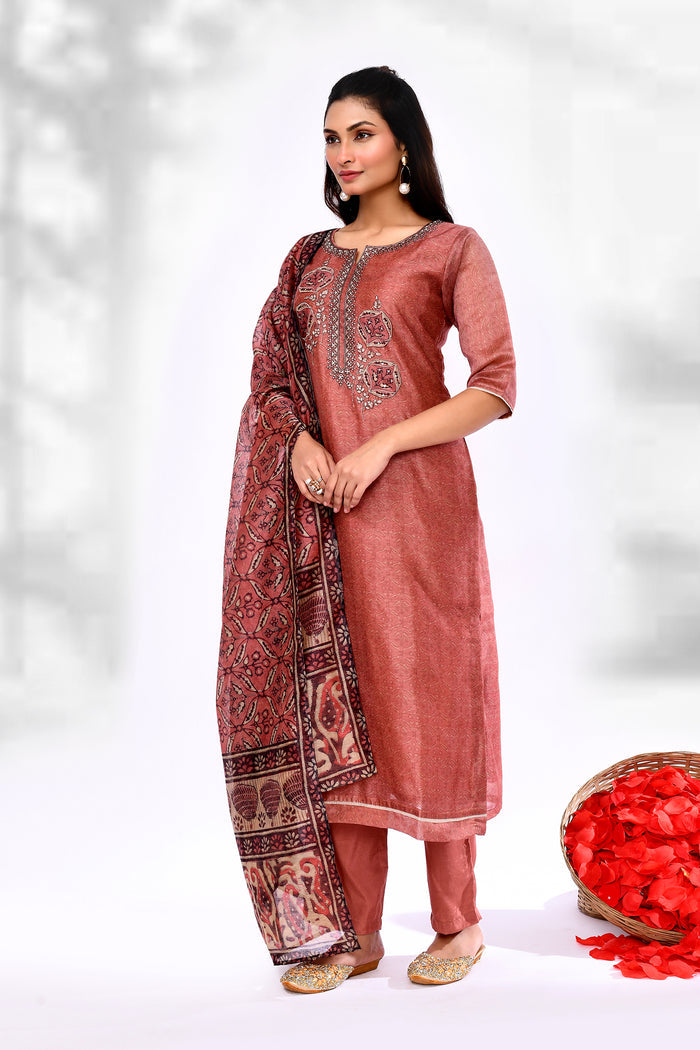 Rust Brown Chiffon Floral Printed Kurta Set