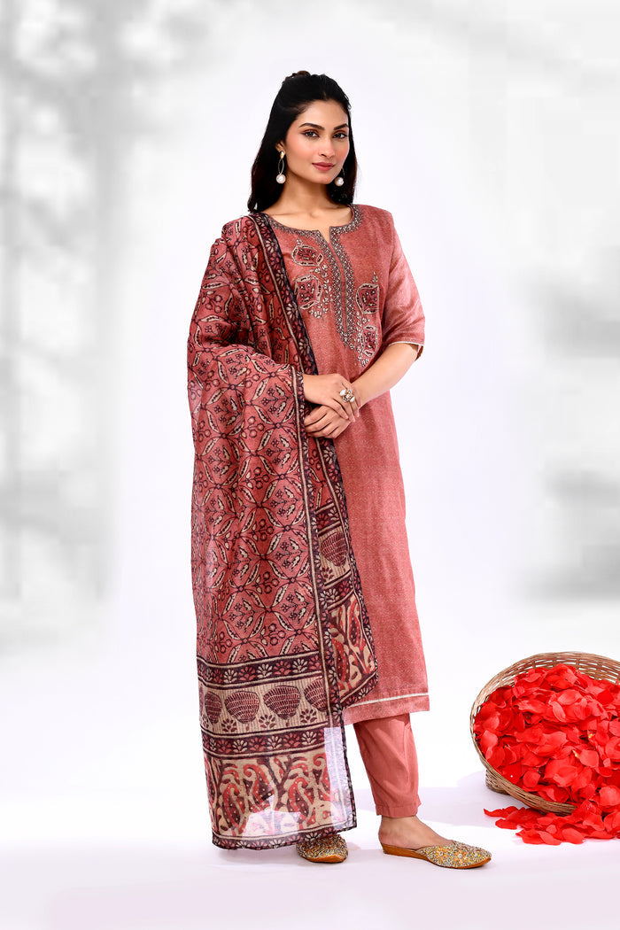 Rust Brown Chiffon Floral Printed Kurta Set