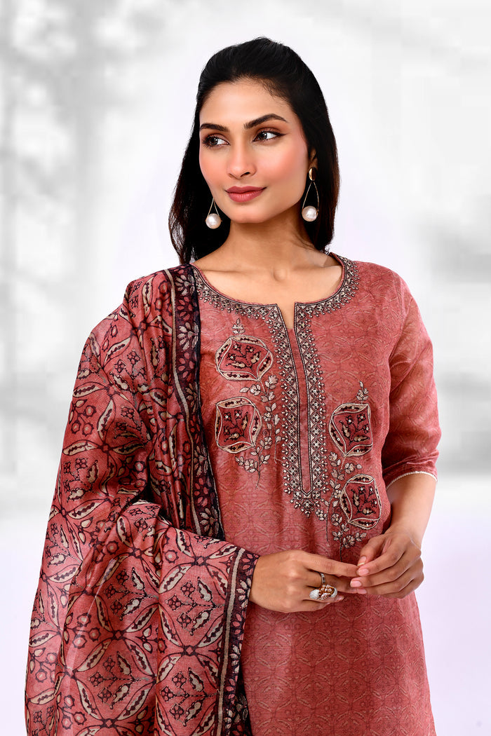 Rust Brown Chiffon Floral Printed Kurta Set