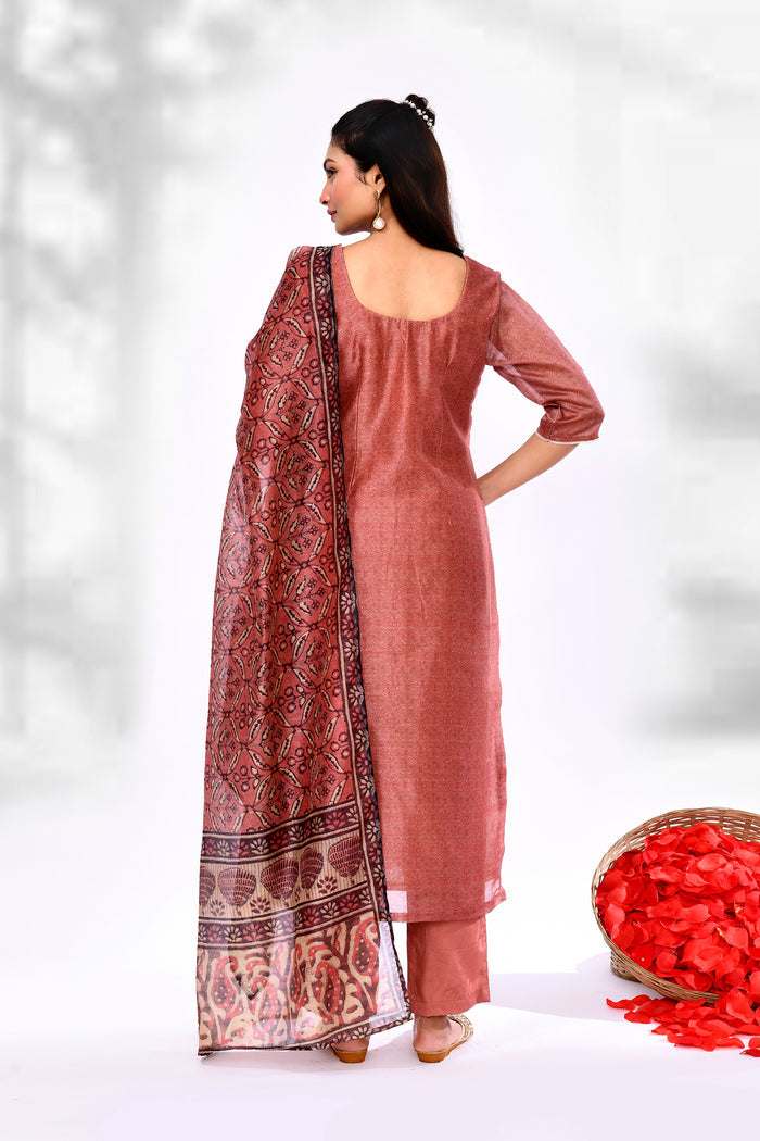 Rust Brown Chiffon Floral Printed Kurta Set