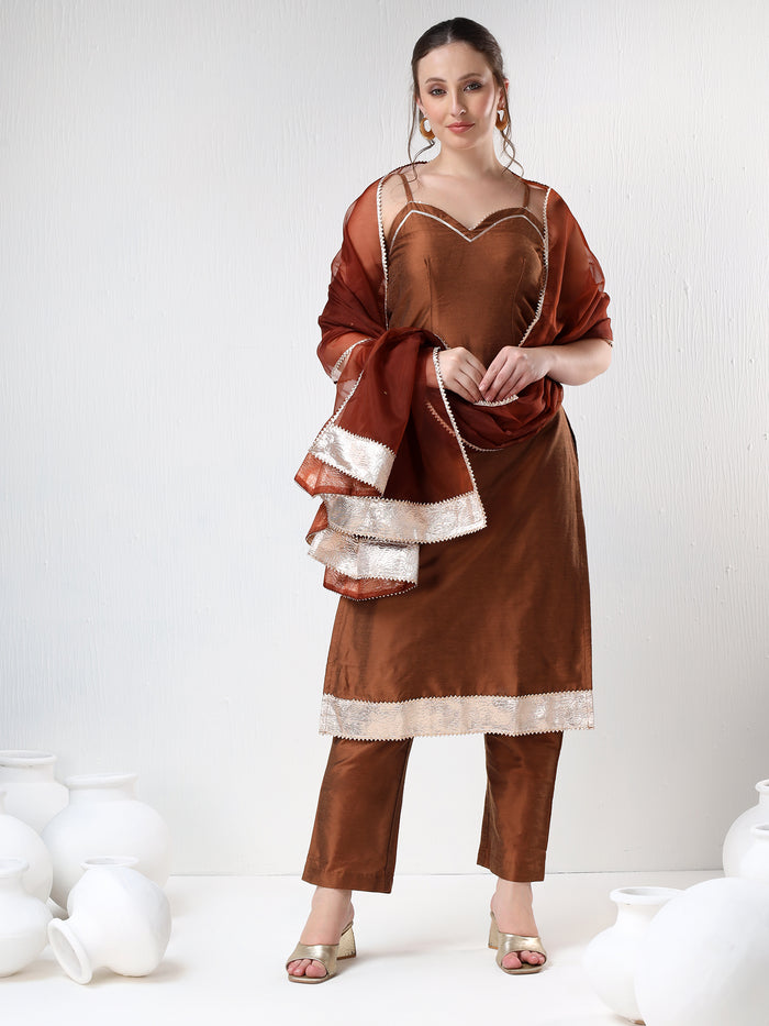 Rust Brown Silk Blend Salwar Set With Sheer Dupatta