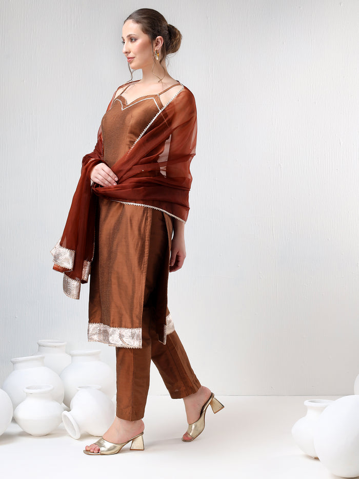 Rust Brown Silk Blend Salwar Set With Sheer Dupatta