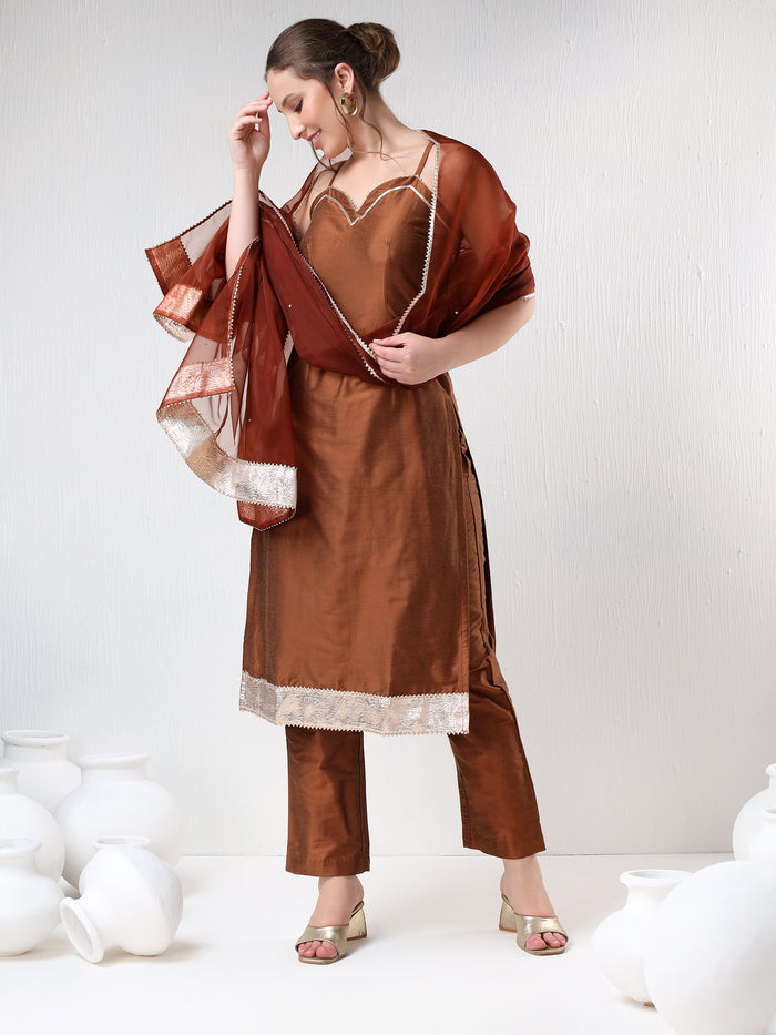 Rust Brown Silk Blend Salwar Set With Sheer Dupatta