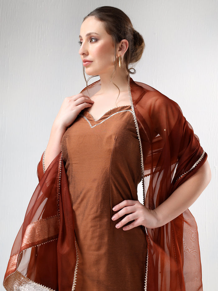 Rust Brown Silk Blend Salwar Set With Sheer Dupatta