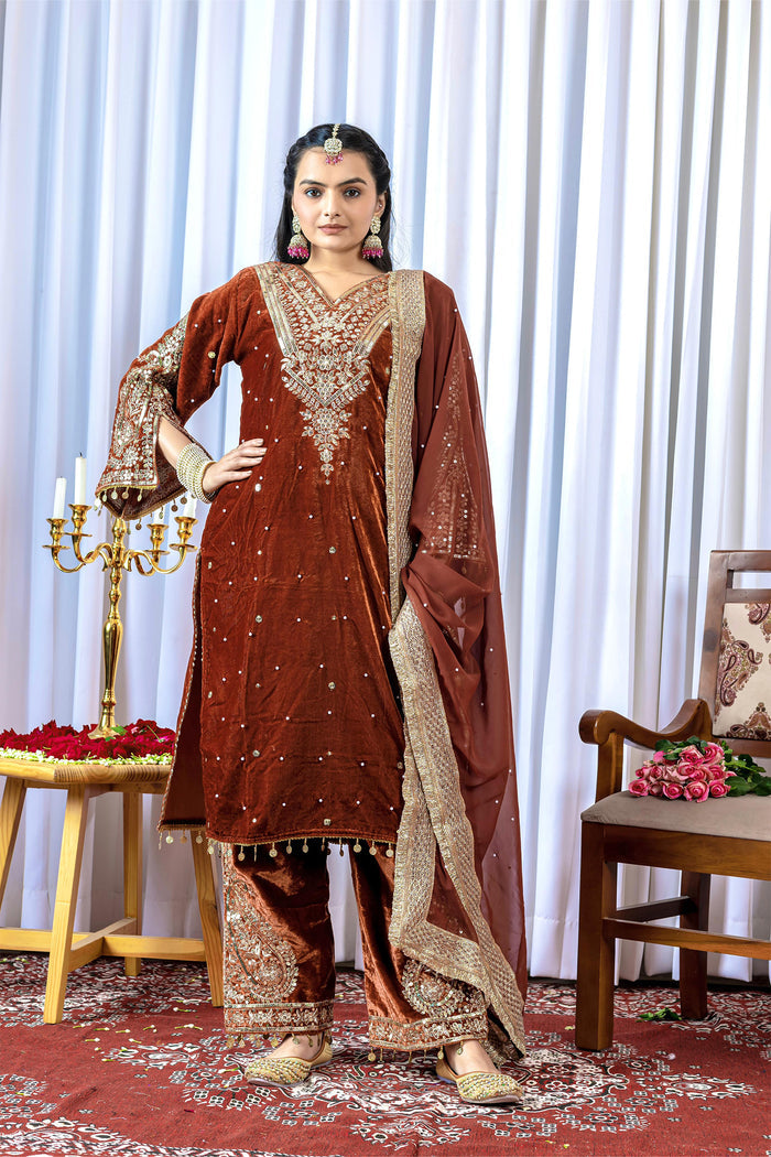 Rust Brown Velvet Embroidered Kurti Set