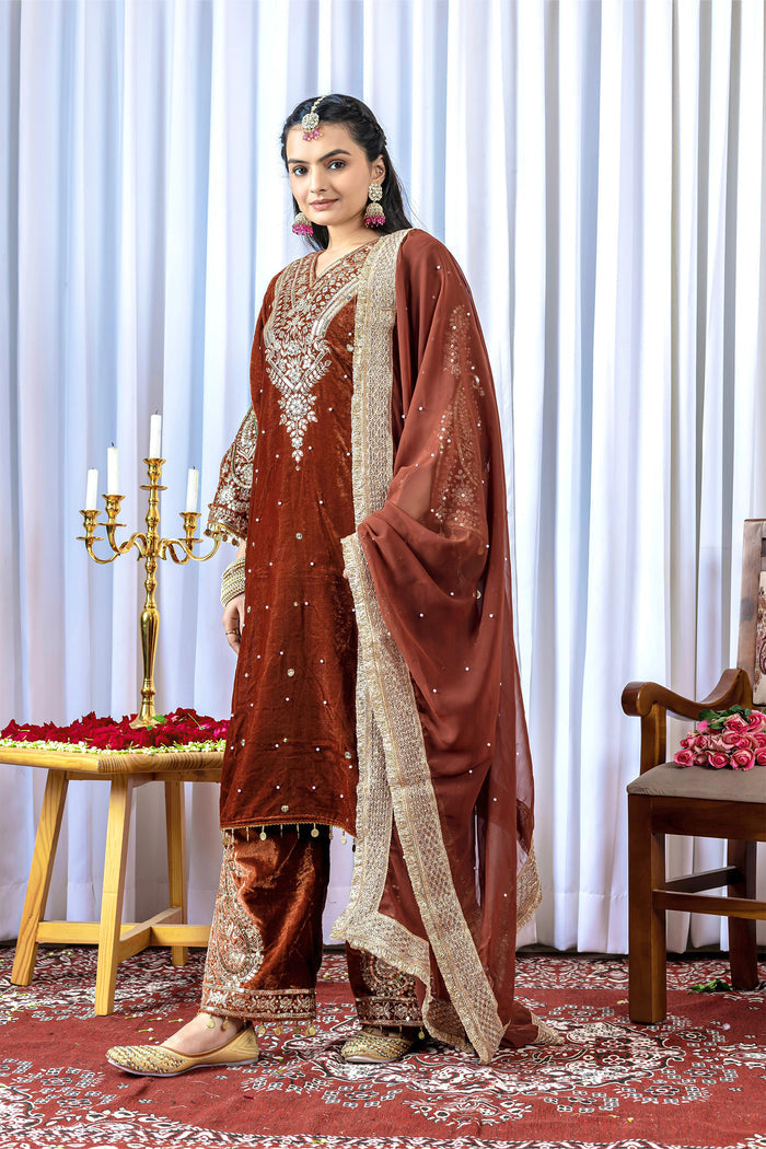 Rust Brown Velvet Embroidered Kurti Set