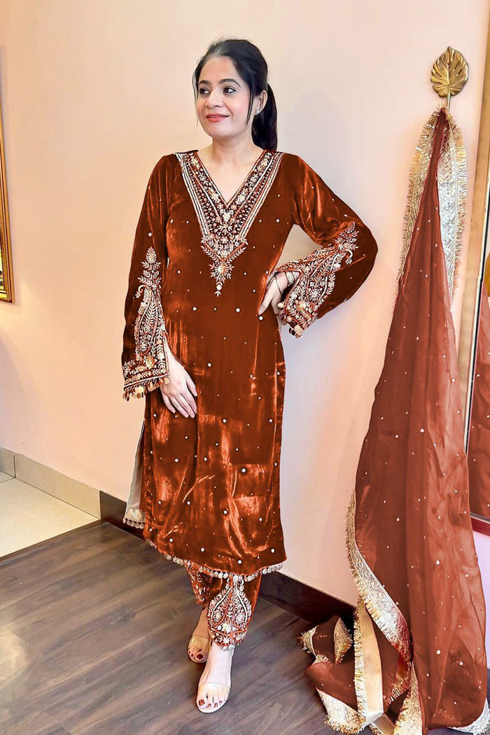 Rust Brown Velvet Embroidered Kurti Set