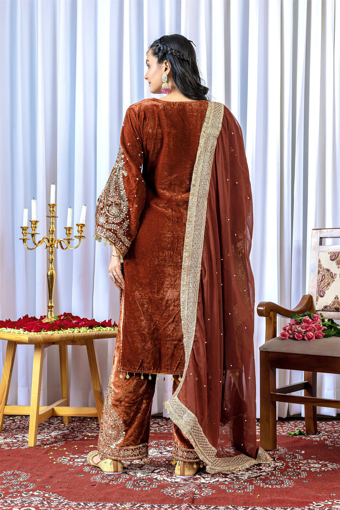 Rust Brown Velvet Embroidered Kurti Set