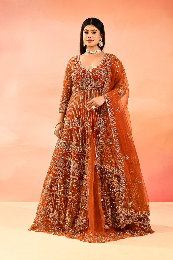 Rust Ember Embroidery Front Open Anarkali Saet