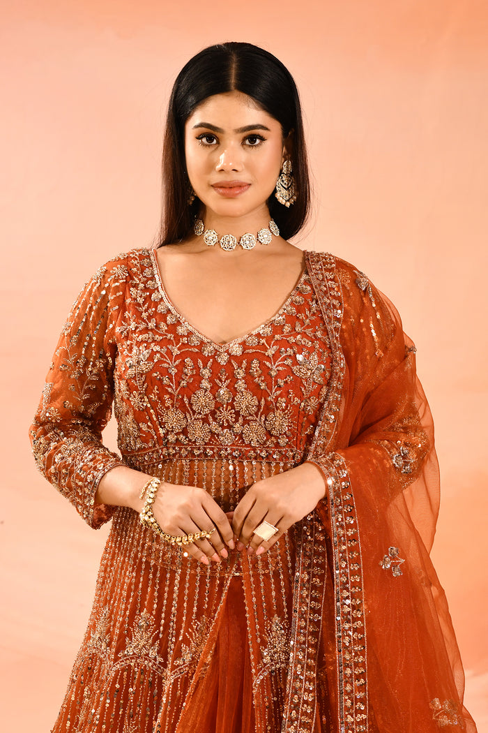 Rust Ember Embroidery Front Open Anarkali Saet