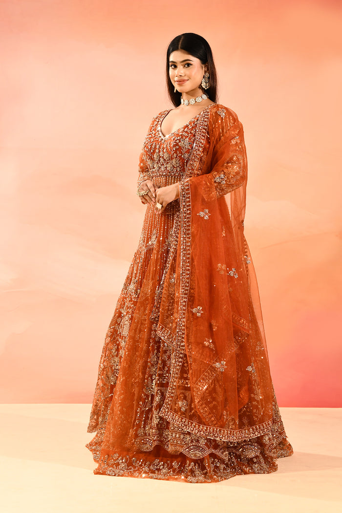 Rust Ember Embroidery Front Open Anarkali Saet