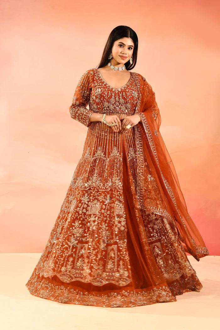 Rust Ember Embroidery Front Open Anarkali Saet
