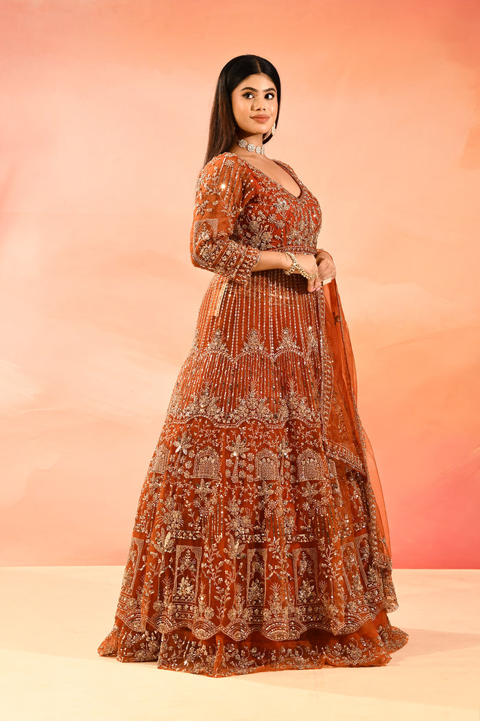 Rust Ember Embroidery Front Open Anarkali Saet