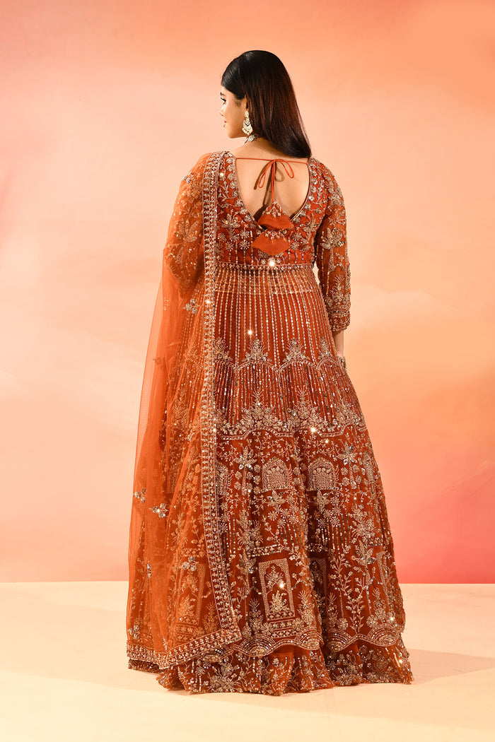 Rust Ember Embroidery Front Open Anarkali Saet