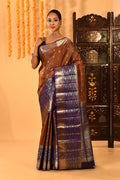 Rust Kanjivaram Silk Saree With Blue Contrast Floral Border