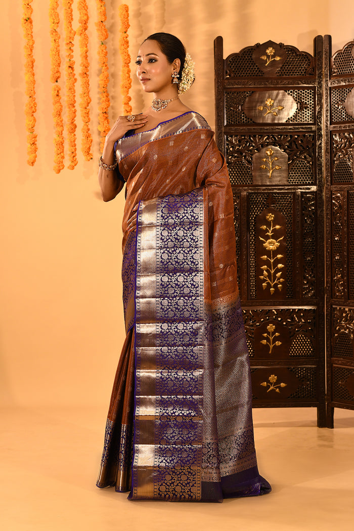 Rust Kanjivaram Silk Saree With Blue Contrast Floral Border
