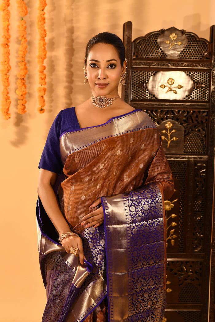 Rust Kanjivaram Silk Saree With Blue Contrast Floral Border