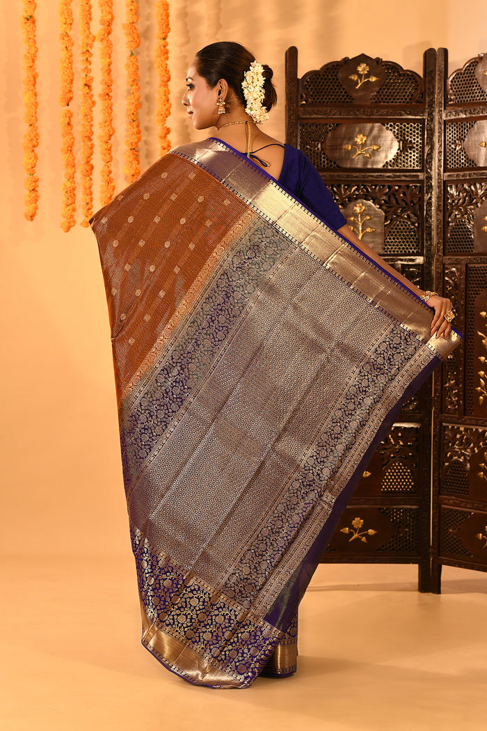 Rust Kanjivaram Silk Saree With Blue Contrast Floral Border