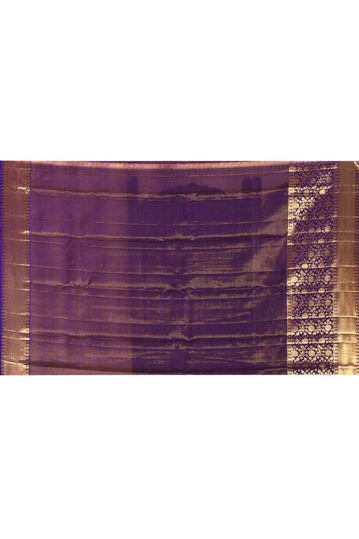 Rust Kanjivaram Silk Saree With Blue Contrast Floral Border