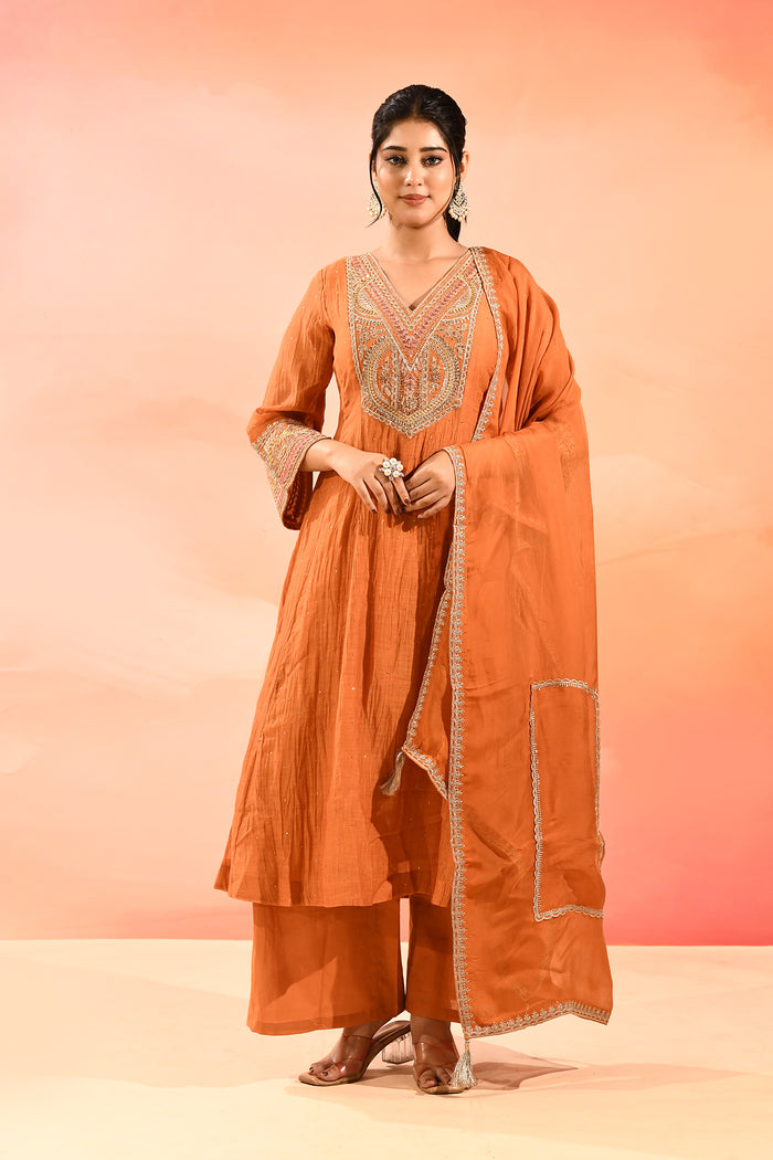 Rust Orange Anarkali Set With Embroidered Neckline And Gota Border Dupatta