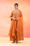 Rust Orange Anarkali Set With Embroidered Neckline And Gota Border Dupatta