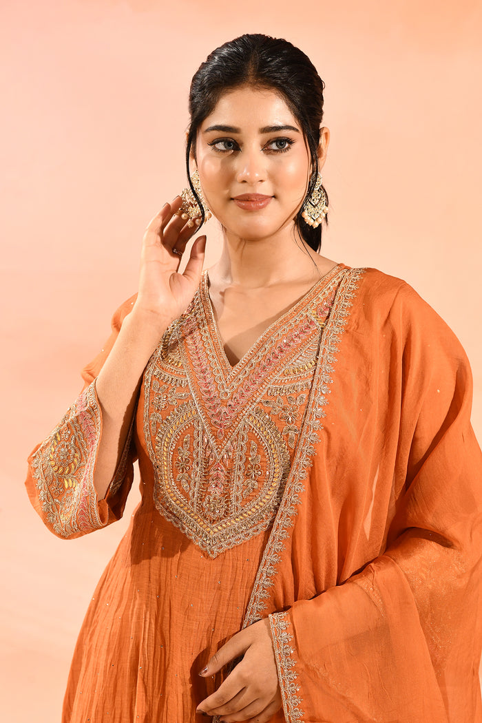 Rust Orange Anarkali Set With Embroidered Neckline And Gota Border Dupatta