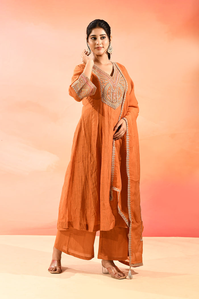 Rust Orange Anarkali Set With Embroidered Neckline And Gota Border Dupatta