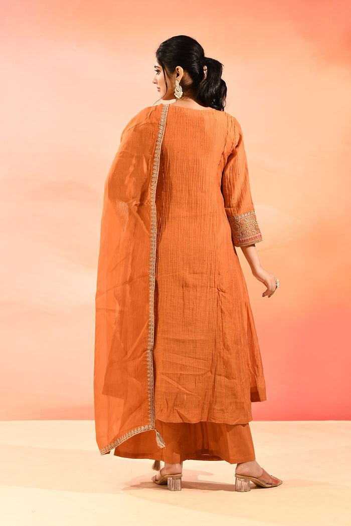 Rust Orange Anarkali Set With Embroidered Neckline And Gota Border Dupatta