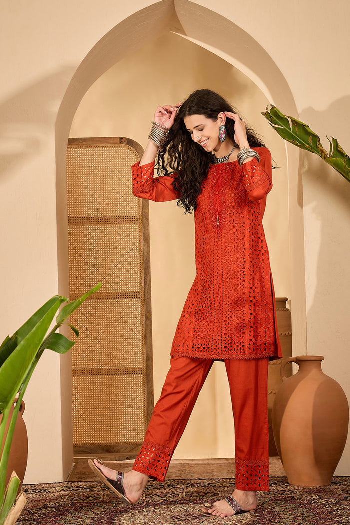 Rust Orange Cotton Thread Work Kurta Set