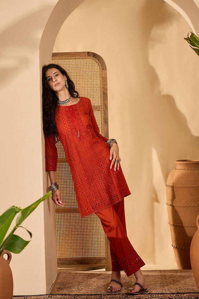Rust Orange Cotton Thread Work Kurta Set