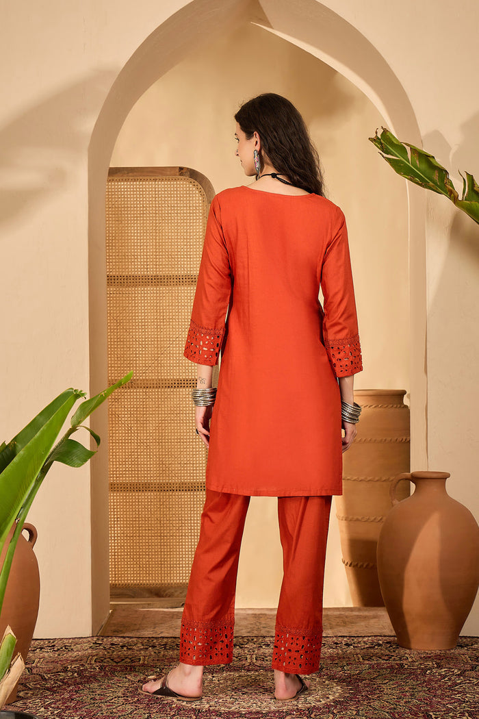 Rust Orange Cotton Thread Work Kurta Set