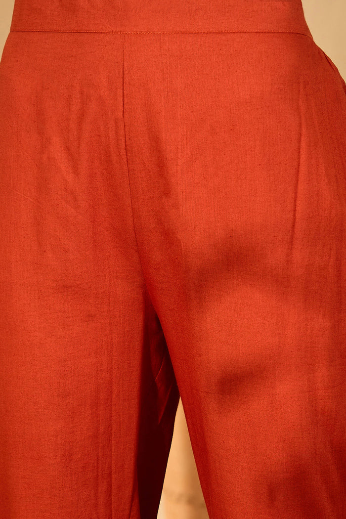Rust Orange Cotton Thread Work Kurta Set