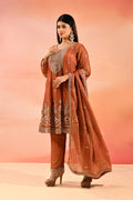 Rust Orange With Butti And Embroidery Border Straight Cut Tissue Suit