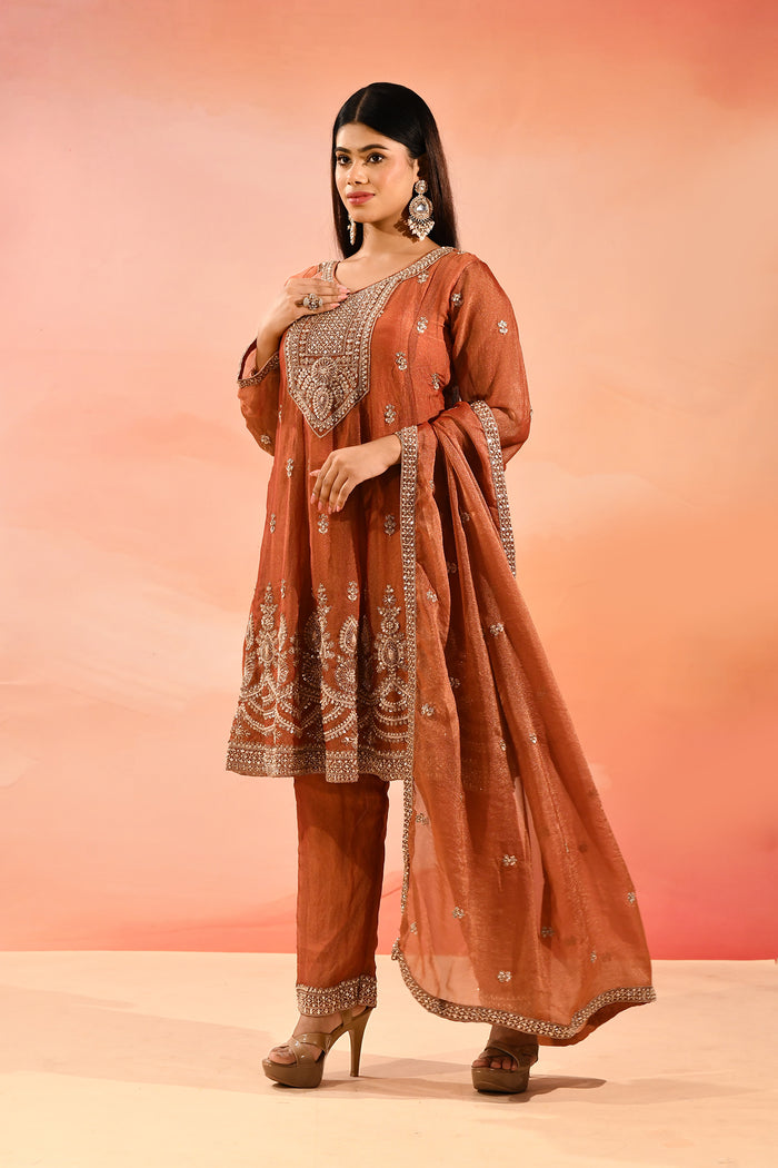 Rust Orange With Butti And Embroidery Border Straight Cut Tissue Suit