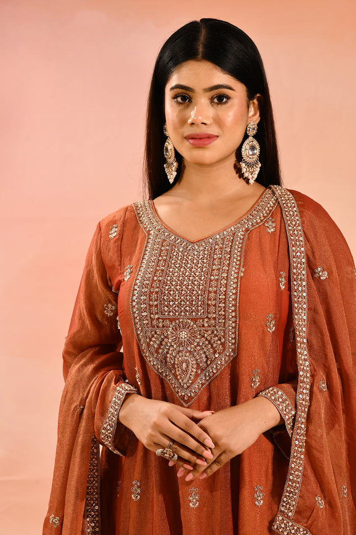 Rust Orange With Butti And Embroidery Border Straight Cut Tissue Suit