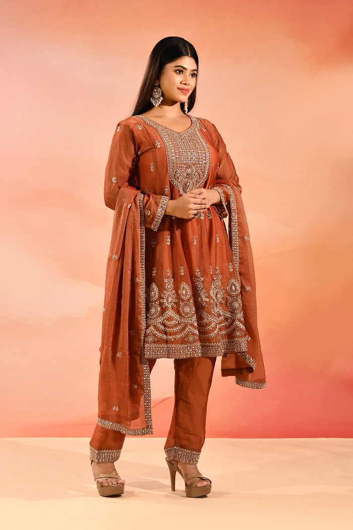 Rust Orange With Butti And Embroidery Border Straight Cut Tissue Suit
