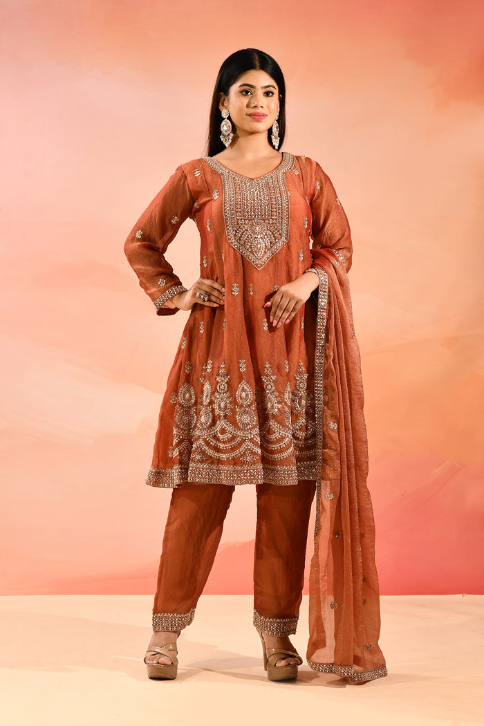 Rust Orange With Butti And Embroidery Border Straight Cut Tissue Suit