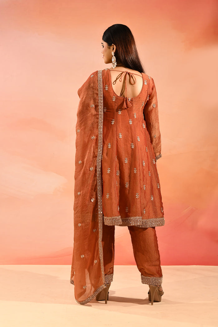 Rust Orange With Butti And Embroidery Border Straight Cut Tissue Suit