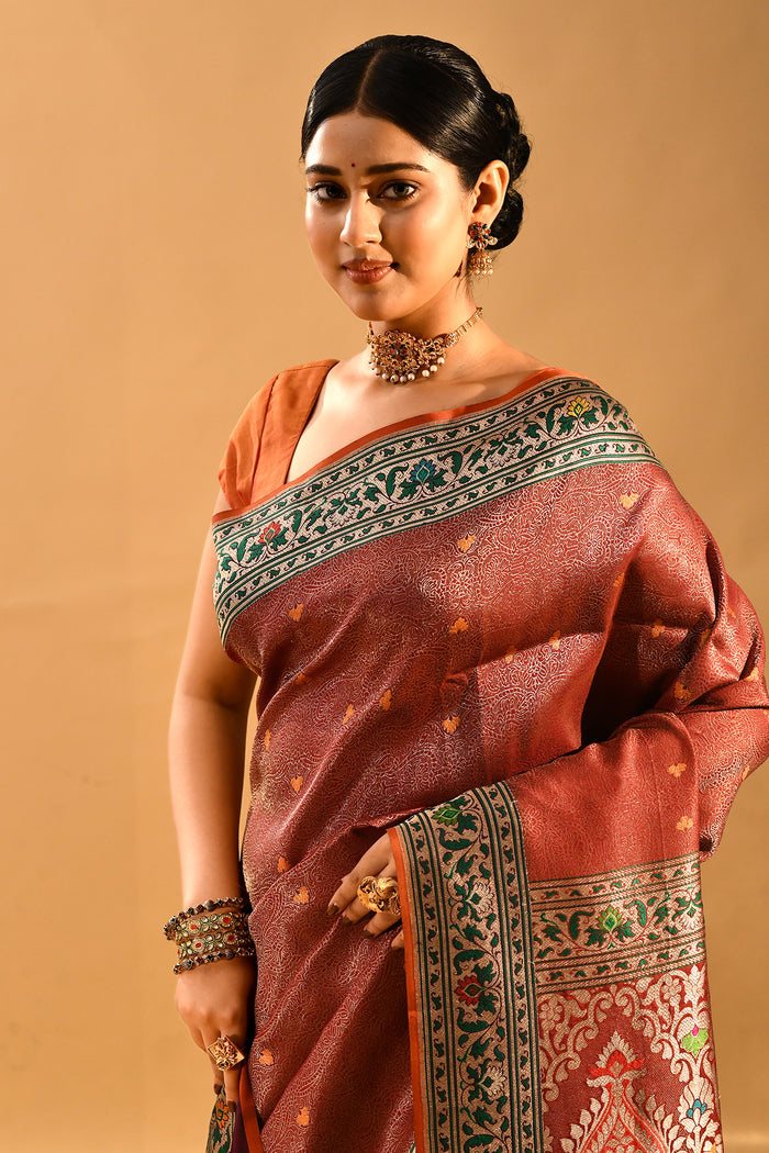 Rust Orange With Intricate Floral Jaal Banarasi Silk Saree