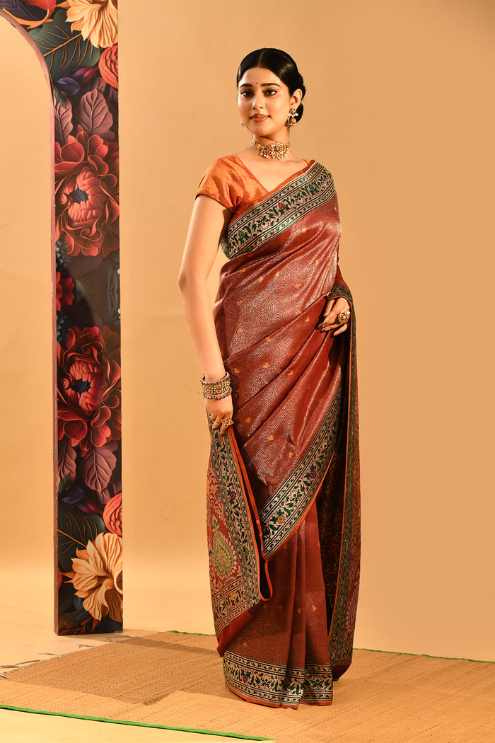 Rust Orange With Intricate Floral Jaal Banarasi Silk Saree