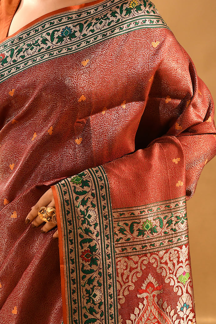 Rust Orange With Intricate Floral Jaal Banarasi Silk Saree