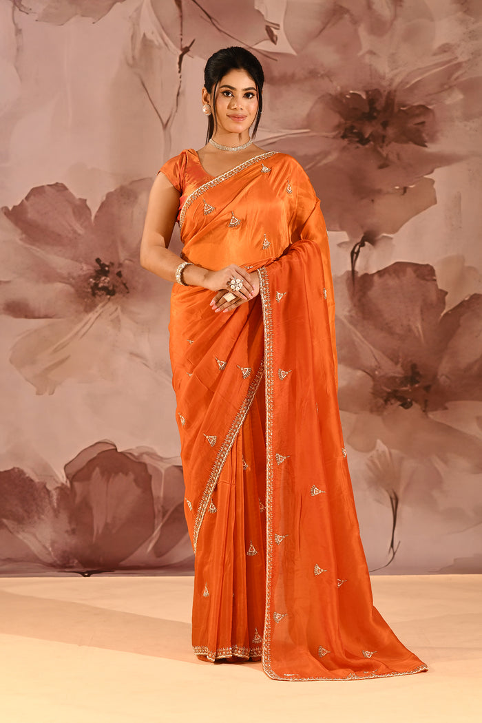 Rust Orange With Sequin Tassel Motif Border Satin Silk Saree