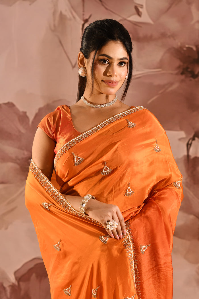 Rust Orange With Sequin Tassel Motif Border Satin Silk Saree